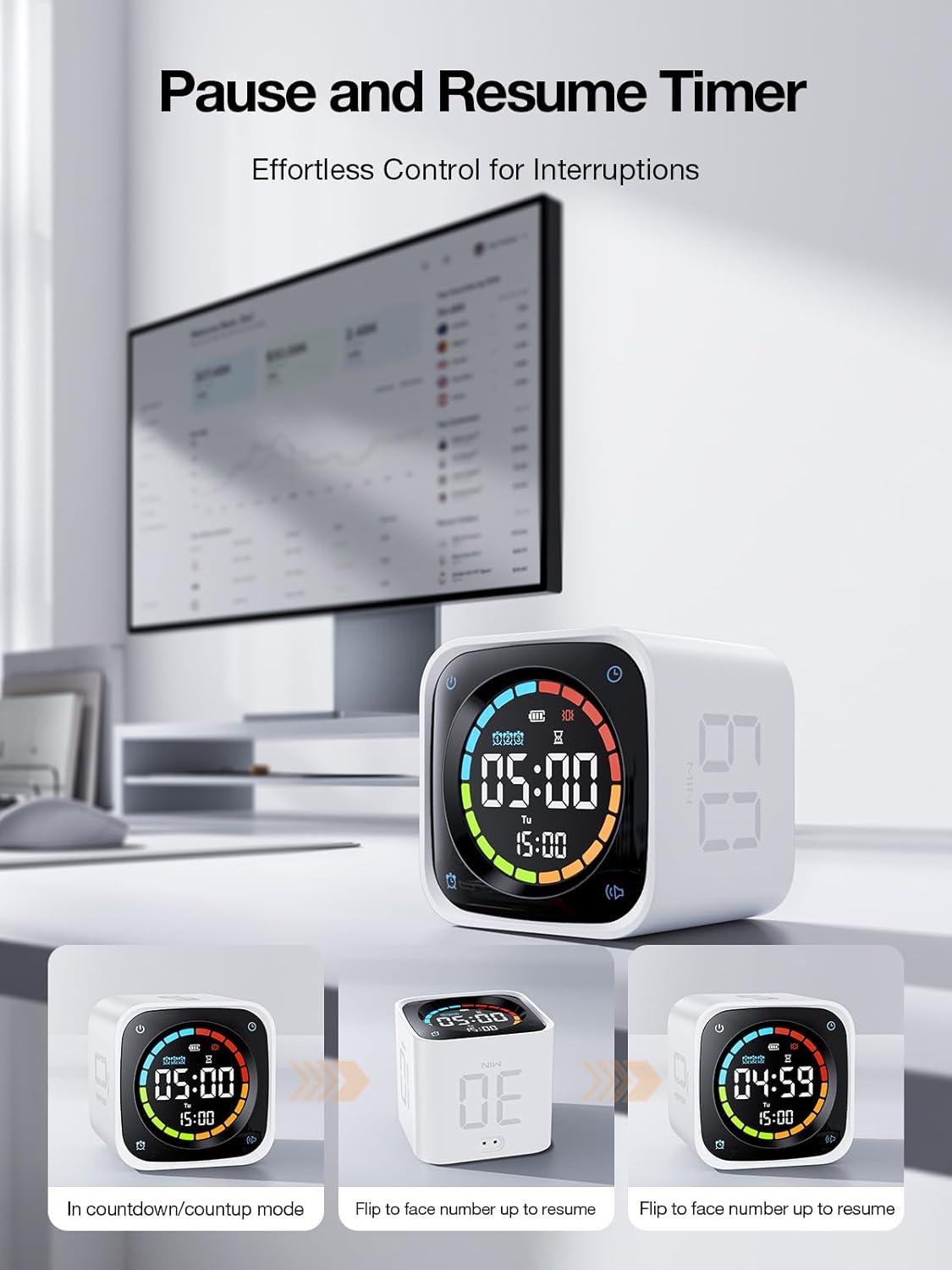 Ticktime TK3 Pomodoro Timer Cube, Productivity Timer, 5/10/30/60 Min Presets, Custom Countdown, Stopwatch & Clock, Triple Alarms, Silent/Vibration/Sound Alerts, Rechargeable for ADHD Study Task, Black
