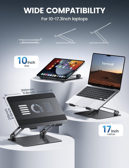 Lamicall Adjustable Laptop Stand, Portable Laptop Riser, Aluminum Laptop Stand for Desk Foldable, Ergonomic Computer Notebook Stand Holder for MacBook Air Pro, Dell XPS, HP (10-17.3'') - Black