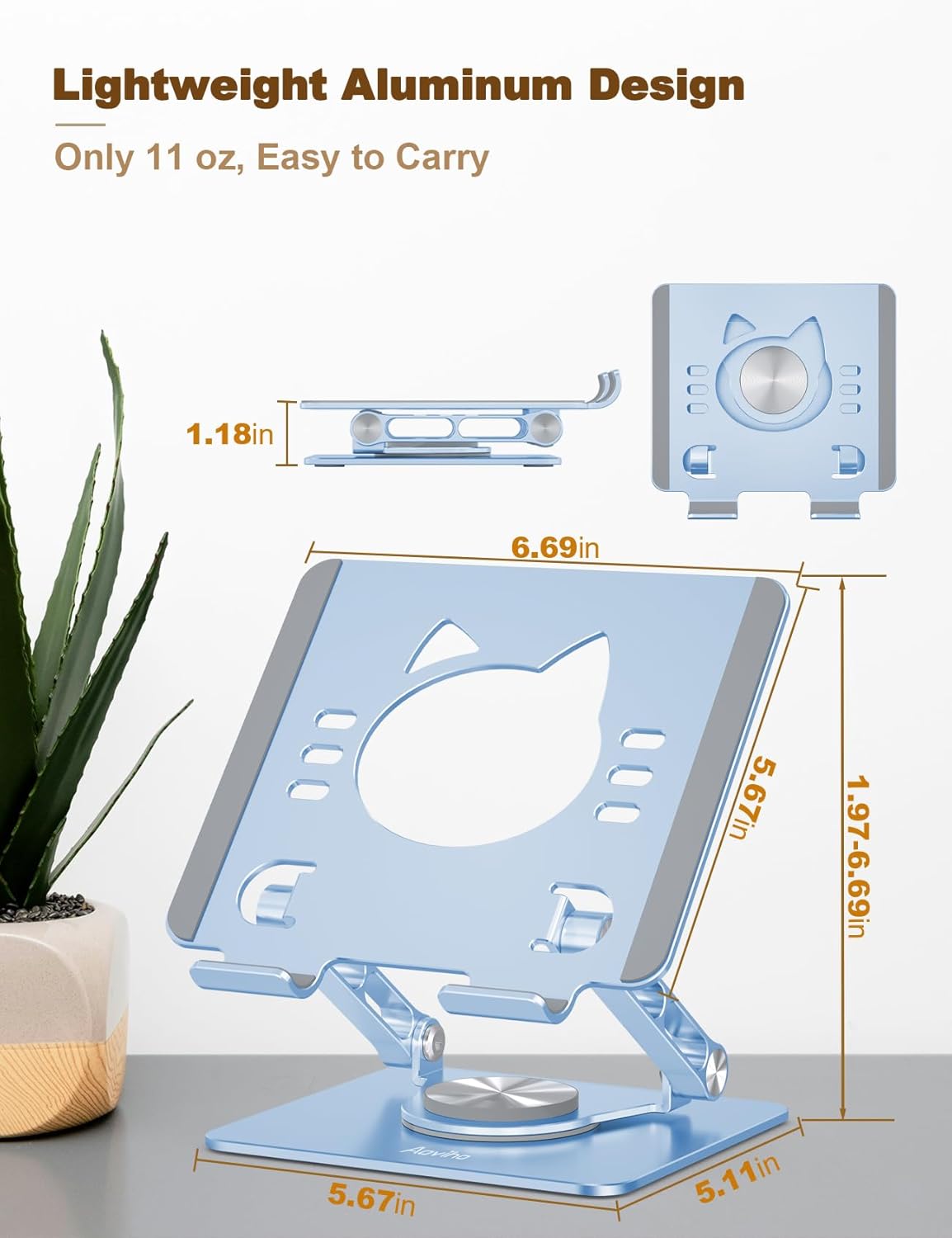 Aoviho Tablet Stand 360° Rotating Aluminum Holder - Adjustable, Portable & Foldable Monitors Stand for iPads, Compatible with 4-13.3" Tablets, Purple