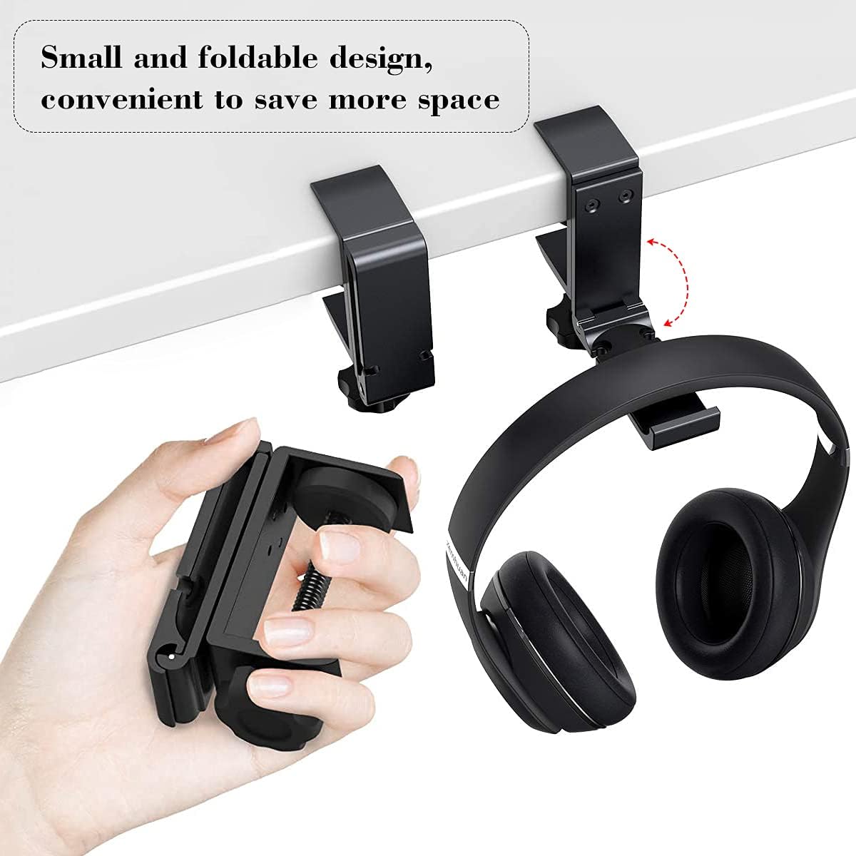 Headphone Holder Under Desk Hook with Cable Organizer, Foldable Aluminum Headset Mount, Space-Saving Hanger for Most Headphones