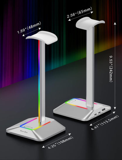 New Bee Headphone Stand with RGB Lighting, Sturdy Aluminum Gaming Headset Holder with USB-C & USB Charging Ports, Stable Desktop Earphone Stand for All Headphones Size, Black