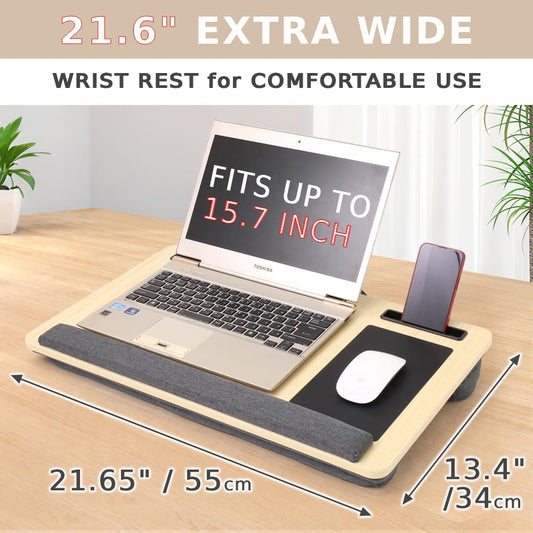 Japard Laptop Lap Desk with Mousepad, Cushion, Wide 21", Fits up to 15.6 inch, Portable Handle, Tablet Pen Phone Holder Wood Natural Home Office Gift