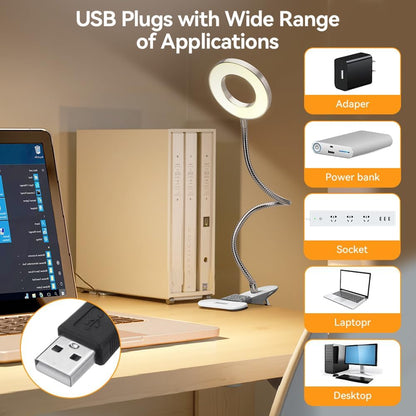 Skymore Clip on Light -3 Color Modes&10 Brightness LED Reading Desk Light with Clamp Flexible Gooseneck Book Light for Kids' Bedtime Reading, Zoom Meetings, Clip on Table, Headboard, Dorm&Office Use