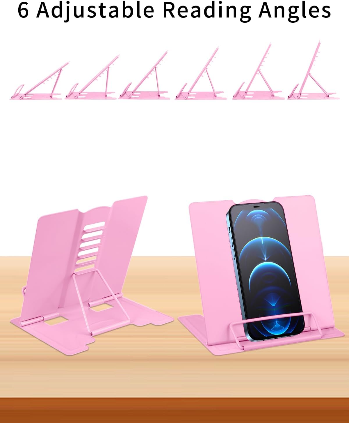 MSDADA Small Desk Book Stand Metal Reading Rest Book Holder Adjustable Cookbook Documents Holder Portable Sturdy Bookstands for Recipes Textbooks Tablet Music Books(Black)