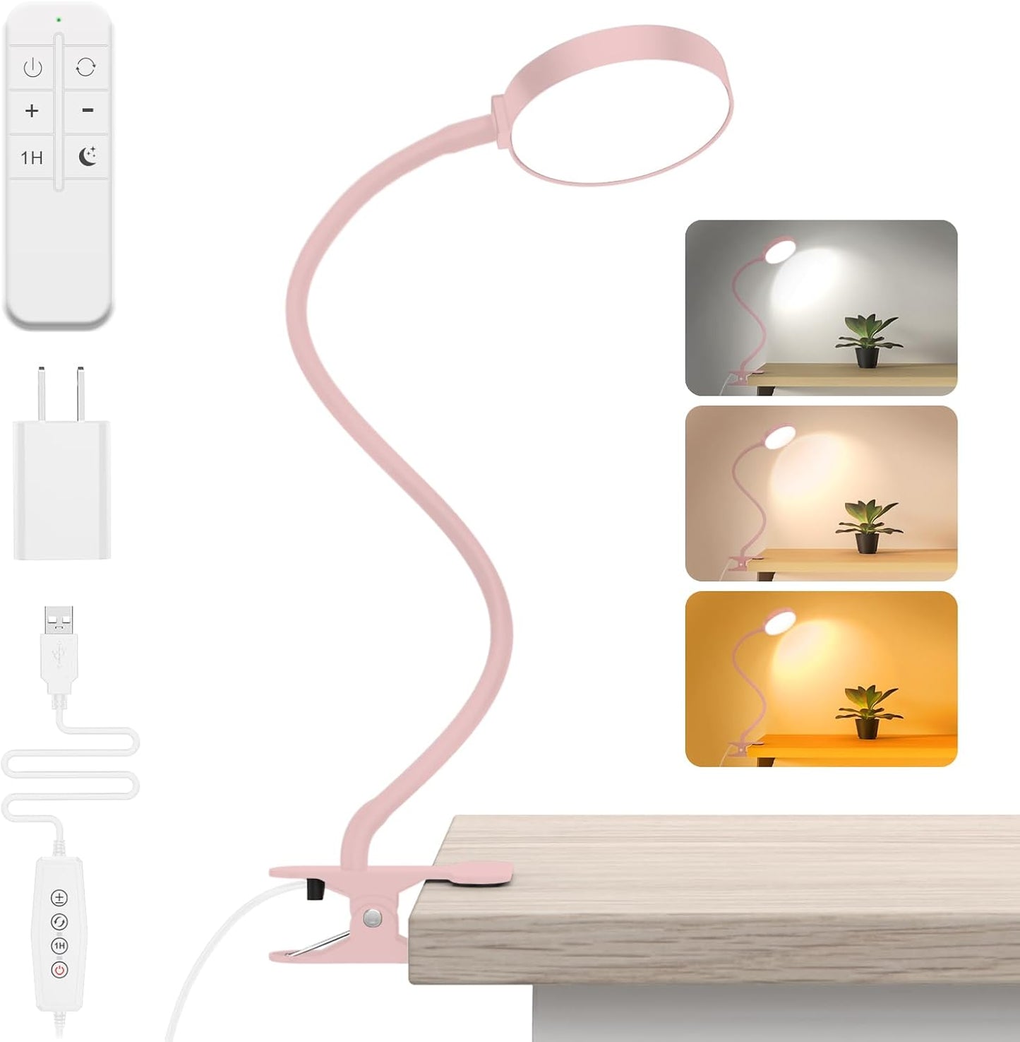 iFalarila Reading Light with Remote, LED Desk Lamp Clip on [1H Timer & Nightlight] RA>95 Dimmable Flexible Gooseneck, Reading Lamp with Clamp for Table - 3.5'' (Adapter Included)
