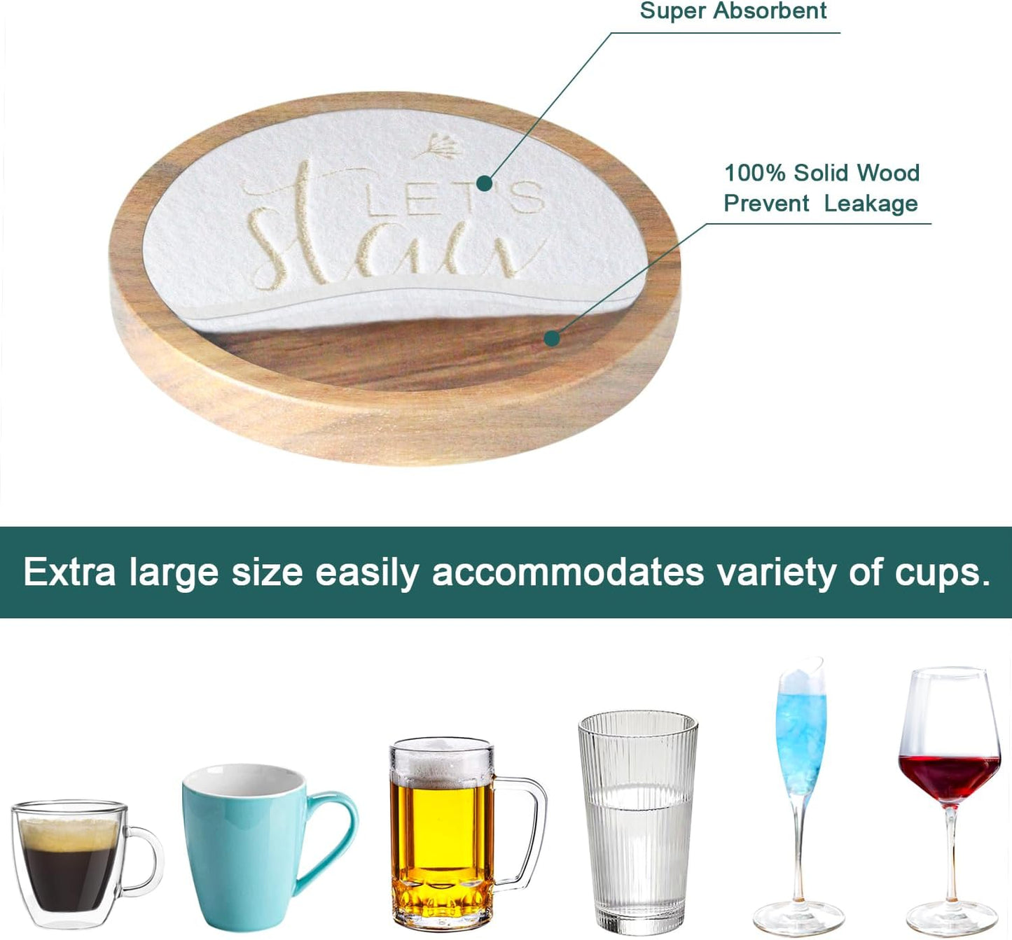 Wood Coasters for Drinks, Minacun Absorbent Coaster Sets of 5, Drinks Coasters for Coffee Tabletop Protection, Non-Slip, Non-Stick, Suitable for Kinds of Cups Wooden Table Drink, 4.3 Inches Black