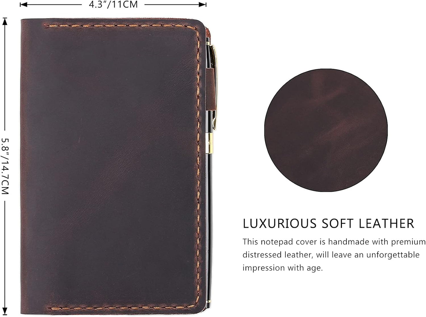 Robrasim Top Bound 3"x5" Memo Notebook Covers, Genuine Leather Cover for 3x5 Top-Spiral Notebook, Memo Book Cover Note Pad Holder Cover Only, Brown