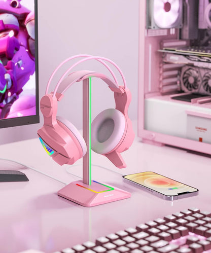 New Bee Headphone Stand with RGB Lighting, Sturdy Aluminum Gaming Headset Holder with USB-C & USB Charging Ports, Stable Desktop Earphone Stand for All Headphones Size, Black