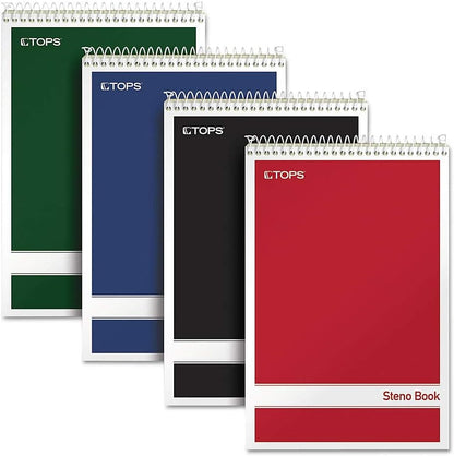 TOPS Steno Pads 4 Pack, 6" x 9" Spiral Steno Notebooks, Gregg Rule for lists, 80 Sheets Each, White Paper, Assorted Covers, Take Notes for School, College, Work, Office (80220)