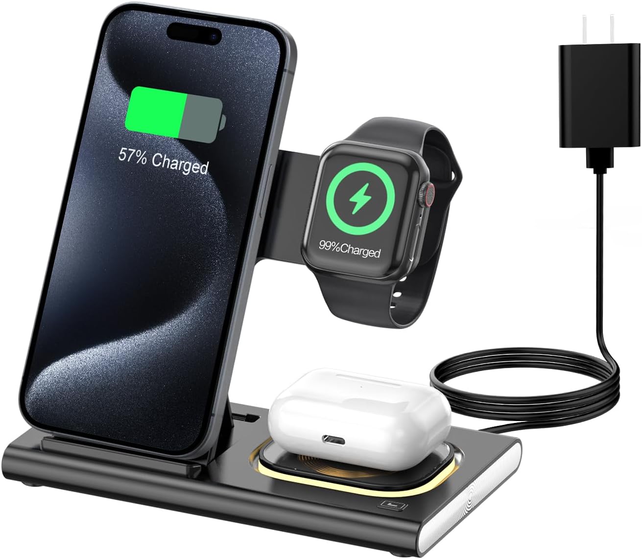3 in 1 Foldable Charging Station for Apple Products,Wireless Charger for iPhone 17 16 15 14 13 12 Pro Max,Travel Dock Adapter&Light for iWatch Series 11 10 9 Ultra 3/2 SE 3/2,for AirPods 4 3 2 Pro 3/2
