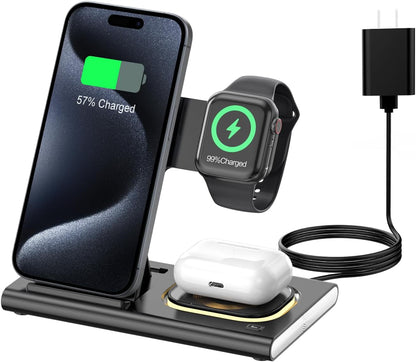 3 in 1 Foldable Charging Station for Apple Products,Wireless Charger for iPhone 17 16 15 14 13 12 Pro Max,Travel Dock Adapter&Light for iWatch Series 11 10 9 Ultra 3/2 SE 3/2,for AirPods 4 3 2 Pro 3/2