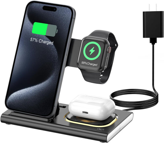 3 in 1 Foldable Charging Station for Apple Products,Wireless Charger for iPhone 17 16 15 14 13 12 Pro Max,Travel Dock Adapter&Light for iWatch Series 11 10 9 Ultra 3/2 SE 3/2,for AirPods 4 3 2 Pro 3/2