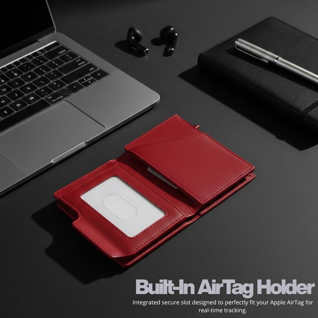 Mens Wallet with AirTag Holder, RFID Blocking, Pop-Up Aluminum Card Holder, ID Window, Money Clip, Fits up to 12 Cards, Slim & Minimalist, Smart, MicroFiber (Black), Gift Box, Billetera para Hombre