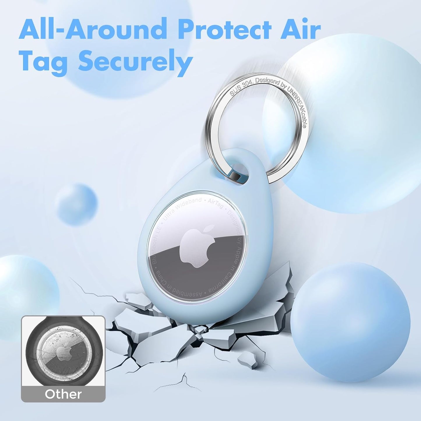 UNBREAKcable AirTag Holder for Apple - 4 Pack Air Tag Case [Fit Tightly Design] [Easy to Install] [Hold Securely] Waterproof TPU Protective Cover with Metal Keychain for Kids,Pet,Luggage,Backpack,Keys