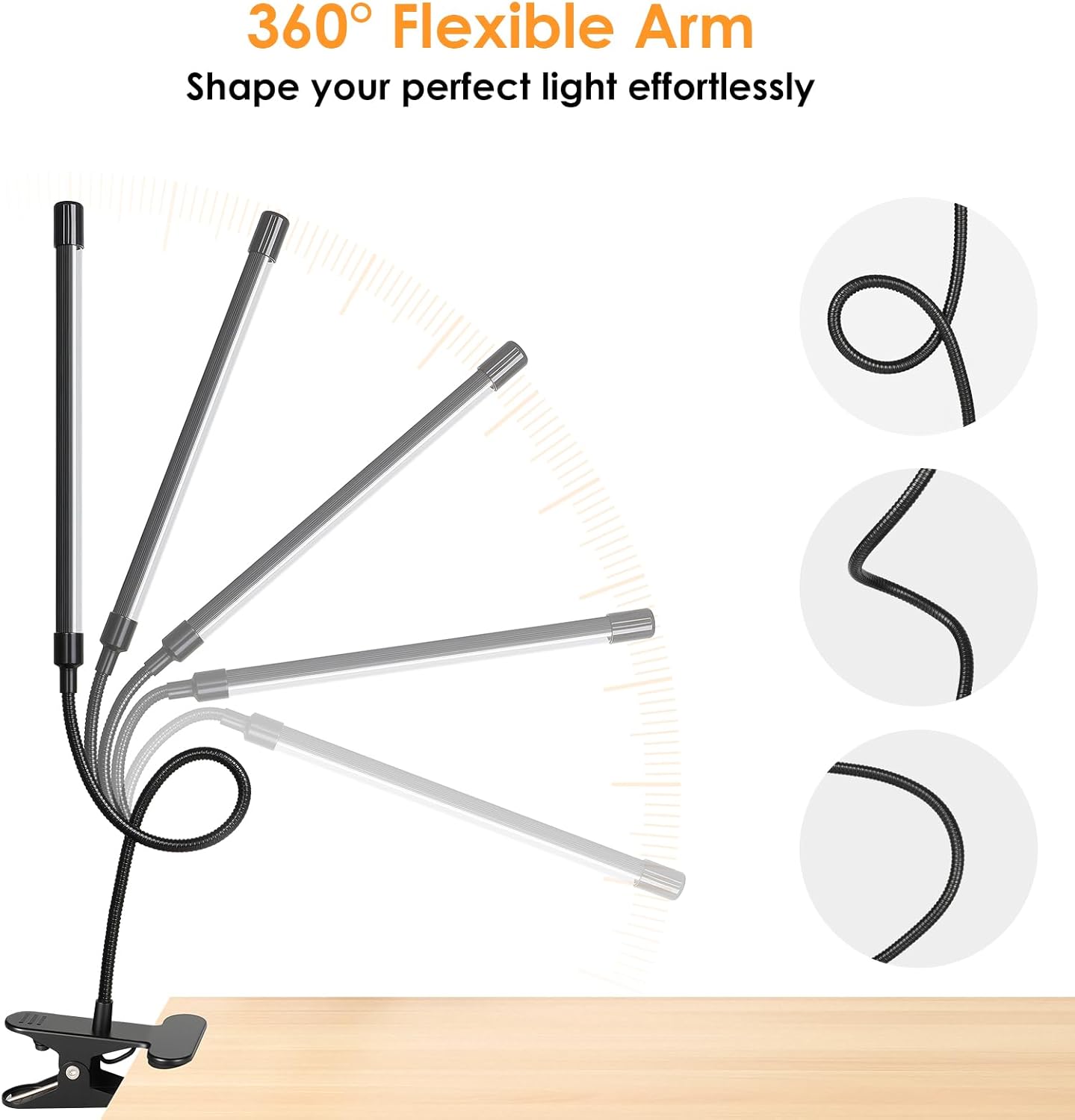 ShineTech LED Desk Lamp with Clamp, 3-Head Ultra-Wide Lighting, 4 Color Modes, Adjustable Gooseneck Task Lamp, Eye-Safe Dimming, Memory & Auto-Off Timer, Desk Light for Home Office, Study, Reading