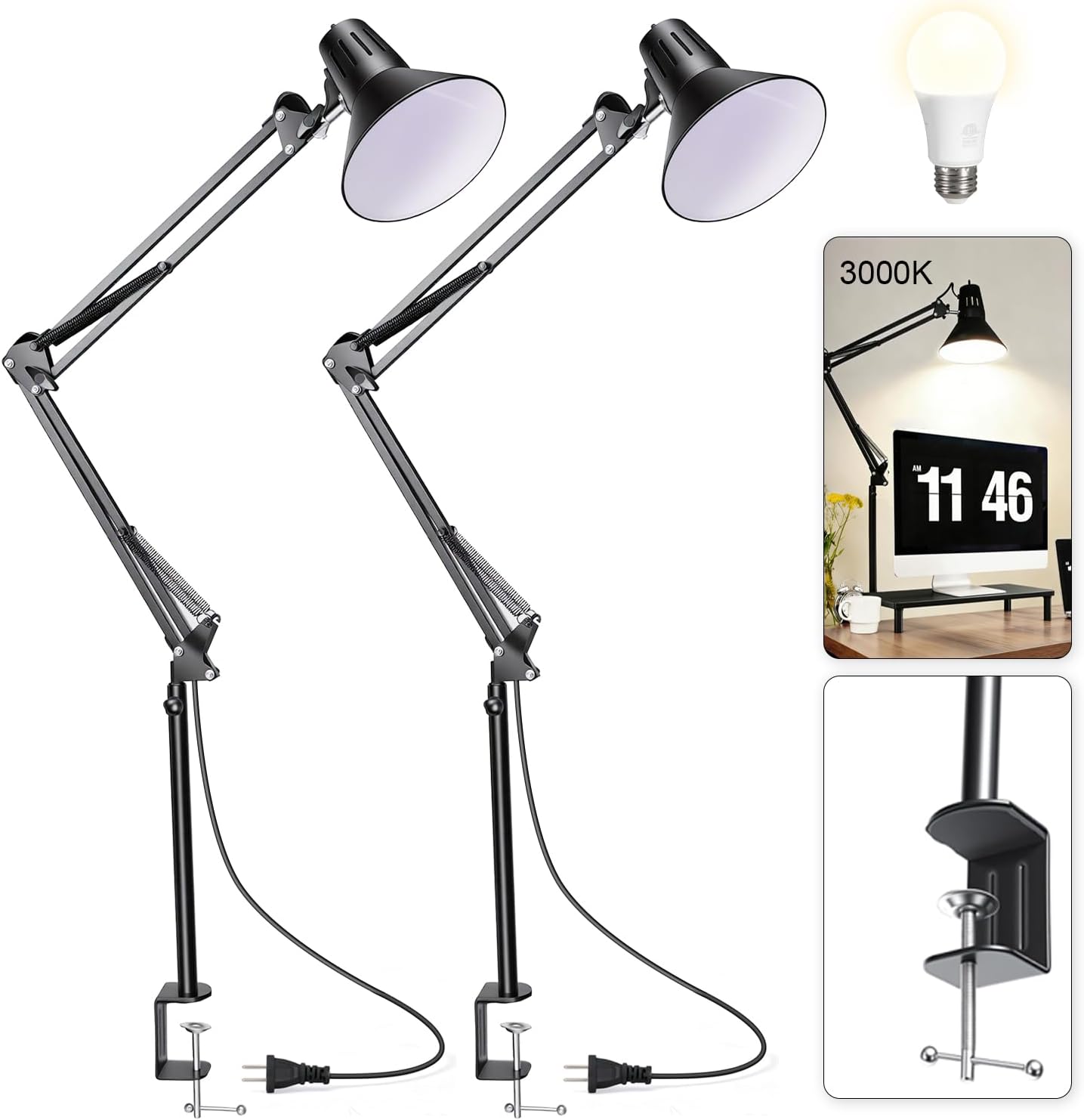 Desk Lamp With Clamp for Home Office, Eye-Caring Clip on Light with Adjustable Extra Tall Metal Swing Arm, High Intensity Clamp Lamp w/LED Bulb, Architect Task Table Lamps for Study, Workbench-B/5000k