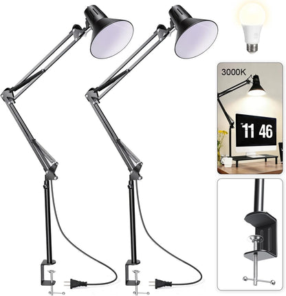Desk Lamp With Clamp for Home Office, Eye-Caring Clip on Light with Adjustable Extra Tall Metal Swing Arm, High Intensity Clamp Lamp w/LED Bulb, Architect Task Table Lamps for Study, Workbench-B/5000k