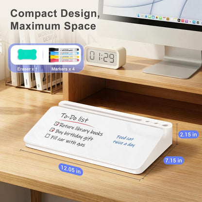 WALGLASS Small Desktop Whiteboard with Storage, Glass Desk Dry Erase White Board Computer Keyboard Stand with Drawer, Desk Organizers with Accessories for Office, Home, School Supplies White
