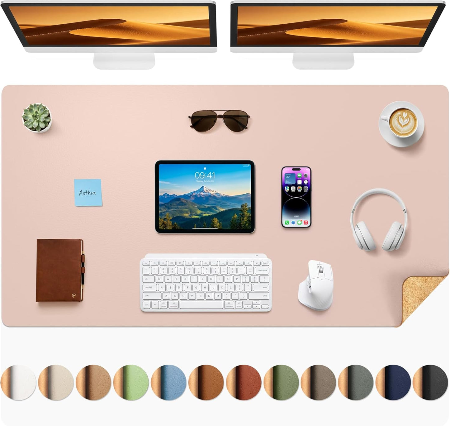 Aothia Dual-Sided Desk Pad - 25.6x13.7 inches Leather Desk Mat, Natural Cork Desk Pad Protector, Large Mouse Pad for Desk, Waterproof Desk Blotter Pad, Desk Writing Pad for Office Work/Home, Black