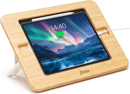 ELETIUO Bamboo Tablet Drawing Stand Holder-Portable&Multi-Angle Adjustable,Tablet Stands Riser with Pencil Wireless Charging,Compatible with 12.9/13 inch iPad Pro,iPad Air/Mini(9.7"-13"),Black