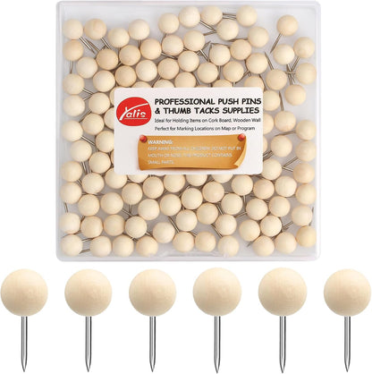 Wood Push Pins 120 Pcs,Decorative Wooden Thumb Tacks for Corkboard and Bulletin Board (120 pcs Map Tacks)