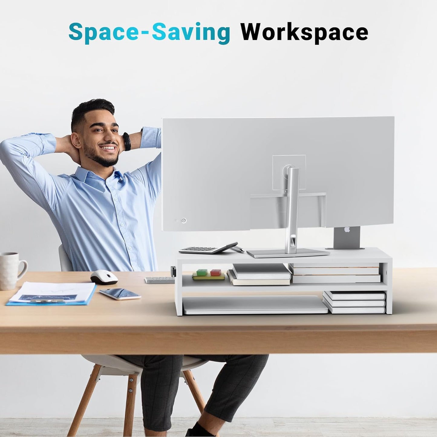 BONTEC Wooden Monitor Stand Riser for Desk, 2-Tier Computer Monitor Stand with Storage, 66 lbs Desk Shelf Organizer, Laptop & Printer Stand with Phone Holder and Cable Management, White, 16.5 Inch