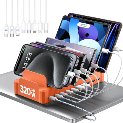 420W Charging Station for Multiple Devices, Zobirez 10-Port USB C Fast Charger Stations for MacBook, iPhone, Android Cell Phone, iPad, Tablet, Family Multi-Device Organizer Charging Dock, White