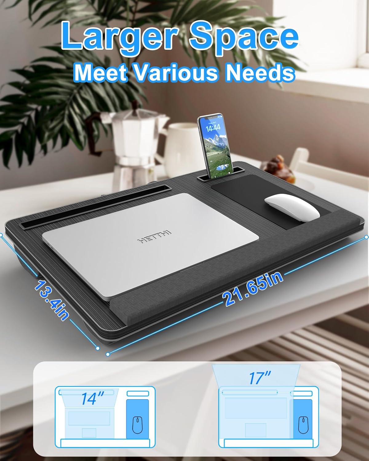 HETTHI Laptop Lap Desk, Portable Large Laptop Desk for Bed, Up to 17 Inch Lap Pad Tray with Wrist Rest, Mouse Pad, Tablet Phone Slot, Portable Handle, Cushion (Black)