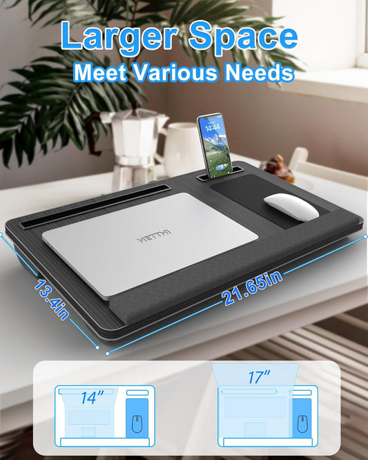 HETTHI Laptop Lap Desk, Portable Large Laptop Desk for Bed, Up to 17 Inch Lap Pad Tray with Wrist Rest, Mouse Pad, Tablet Phone Slot, Portable Handle, Cushion (Black)
