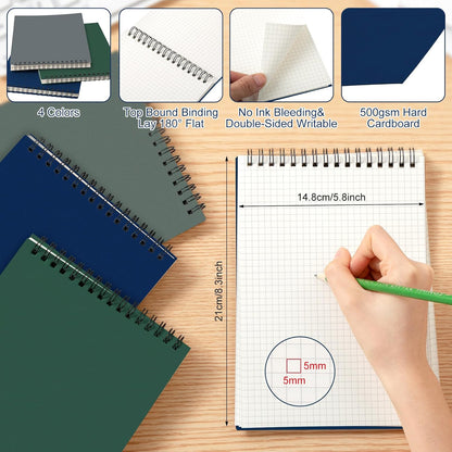 Engrowtic 6 Pack Graph Paper Spiral Notepad A5 Top Wirebound Notepad Grid Notebook Steno Pad Memo Notebook Grid Paper 140 Pages for Writing Sketching Drawing Office Supply (Black)