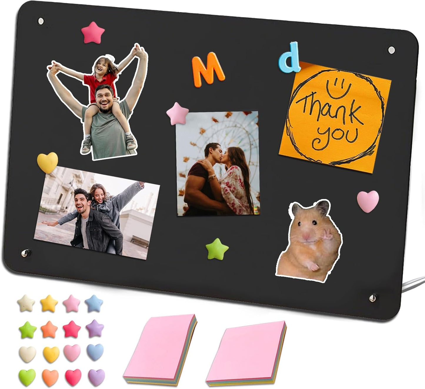 Desk Magnetic Message Board with Stand,11 x 7.9in Magnet Photo/Memo Display Board with Cute Fridge Magnets,Sticky Notes,for Home School Kitchen Office Desk Accessories (White)