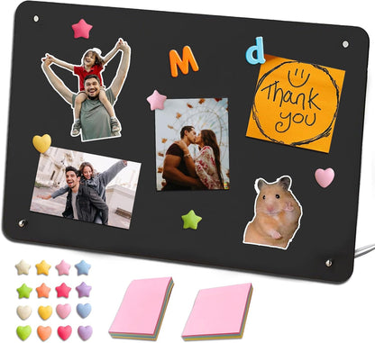 Desk Magnetic Message Board with Stand,11 x 7.9in Magnet Photo/Memo Display Board with Cute Fridge Magnets,Sticky Notes,for Home School Kitchen Office Desk Accessories (White)