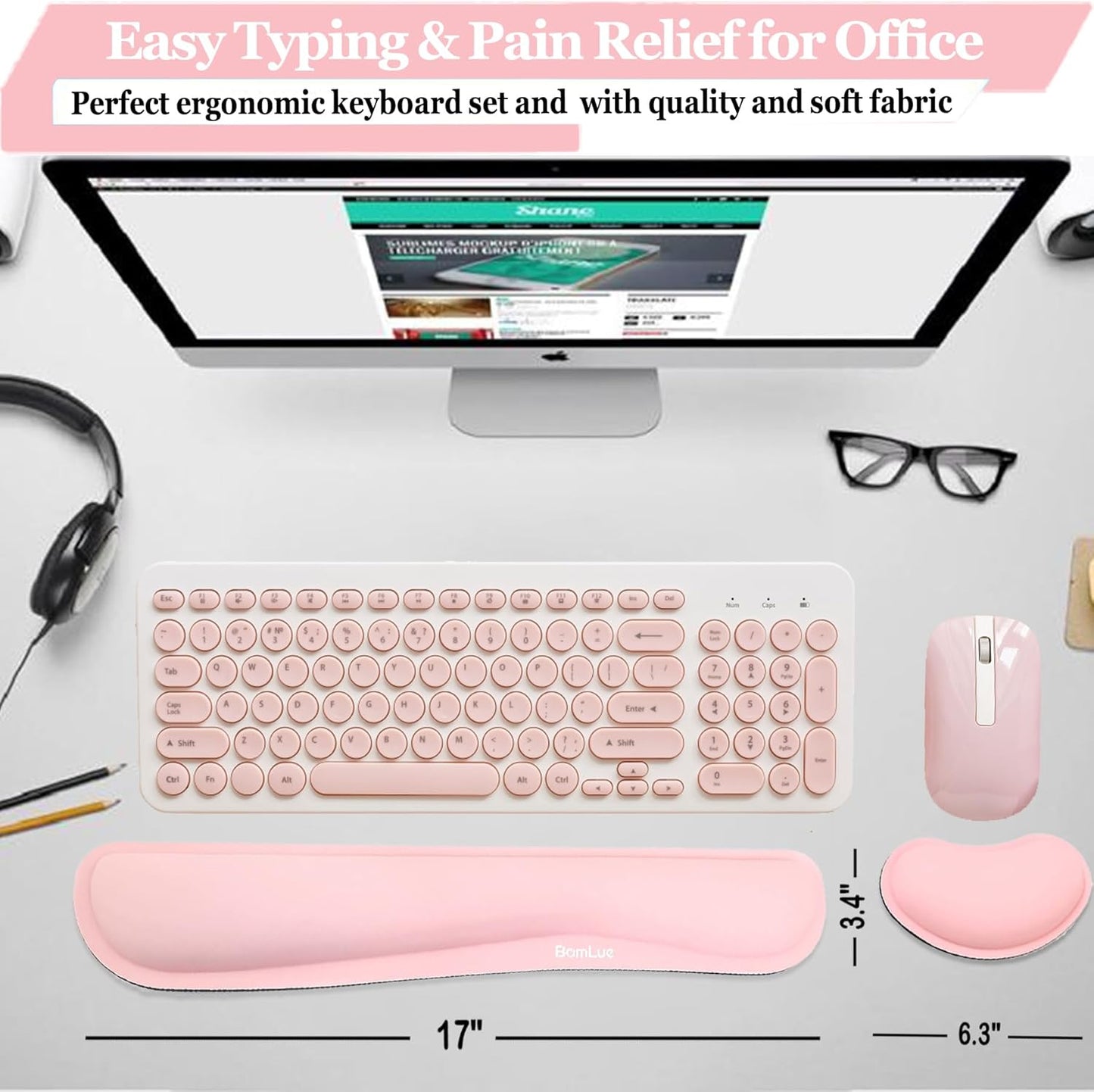 Keyboard Wrist Rest, BamLue Memory Foam Pad Set for Easy Typing & Pain Relief for Laptop, Office & Home, Ergonomic Sets for Keyboard, Gel Mouse Wrist Rest, Smooth Fiber Cushion Wrist Support-Black