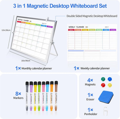 3 in 1 Colorful Magnetic Dry Erase Weekly Planner&Monthly Calendar& 16"x12" Double Sided Magnetic Desktop Whiteboard with Stand,8 Markers, 4 Magnets, 1 Eraser for Office,School,Home