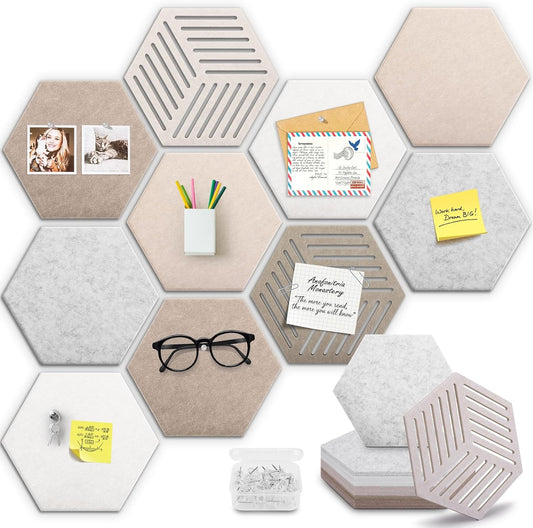 Hexagon Cork Board Alternative 10 Pack Felt Bulletin Board Tiles for Wall Decor, 12" Self-Adhesive Frameless Pin Board with 50 Push Pins for Office, Classroom, Home, Vision Board, Message Center