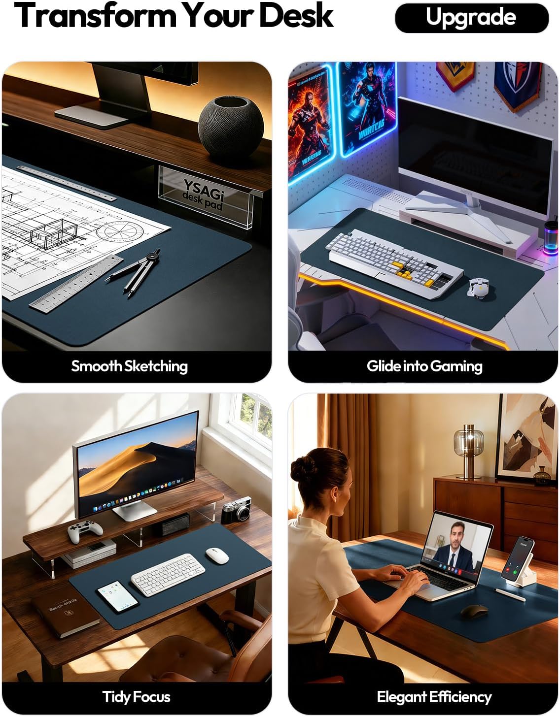 YSAGi Large Extended PU Leather Desk Pad Protector – Non-Slip Waterproof Desk Mat for Office & Home, Easy Clean Mouse Pad & Laptop Writing Blotter 35.4"x17" Black - Colors B