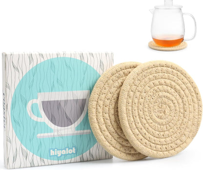 4.8" Drink Cotton Coasters Set of 2 – Boho Woven Drink Pads for Coffee & Tea, Neutral Sandstone Blend Fabric Cup Mats for Desk, Table, Nightstand, Dorm, Giftable Absorbent Coaster Set (Latte)