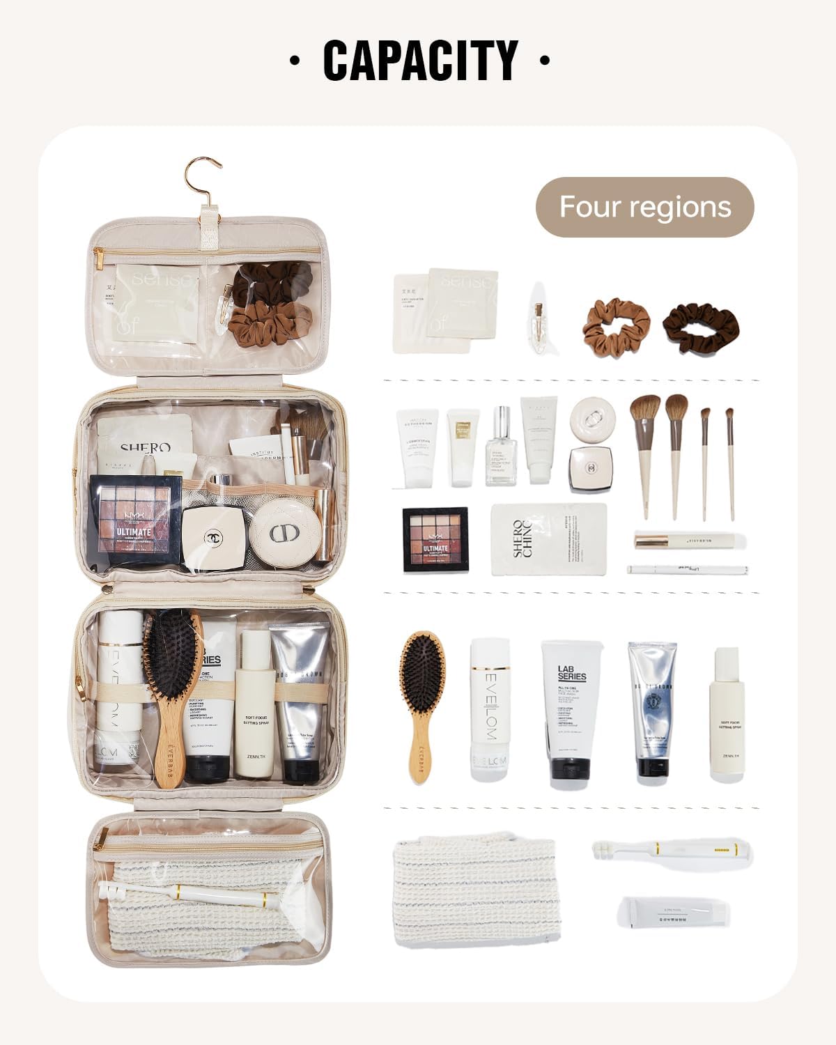 EACHY Toiletry Bag with Hanging Hook, Travel Makeup Bag PU Leather Cosmetic Bags for Women Make Up Organizer with 4 Compartments Waterproof Full-Size Portable Travel Essentials (Beige)