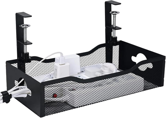 Extra Wide Under Desk Cable Management - 7inch No Drill Installation Cable Management Tray, Clamp/Screw Mount Desk Cable Management, Cable Management Tray for Office, Home((White, XL)