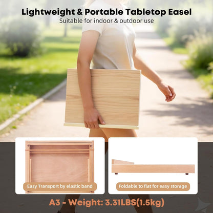 Wooden Tabletop Easel for Painting, Adjustable Table Top Artist Drawing Board for Adults, Students, 5-Position Art Easel Stand 25.6" x 18.9" Drafting Board with A3 Sketch Paper, A2