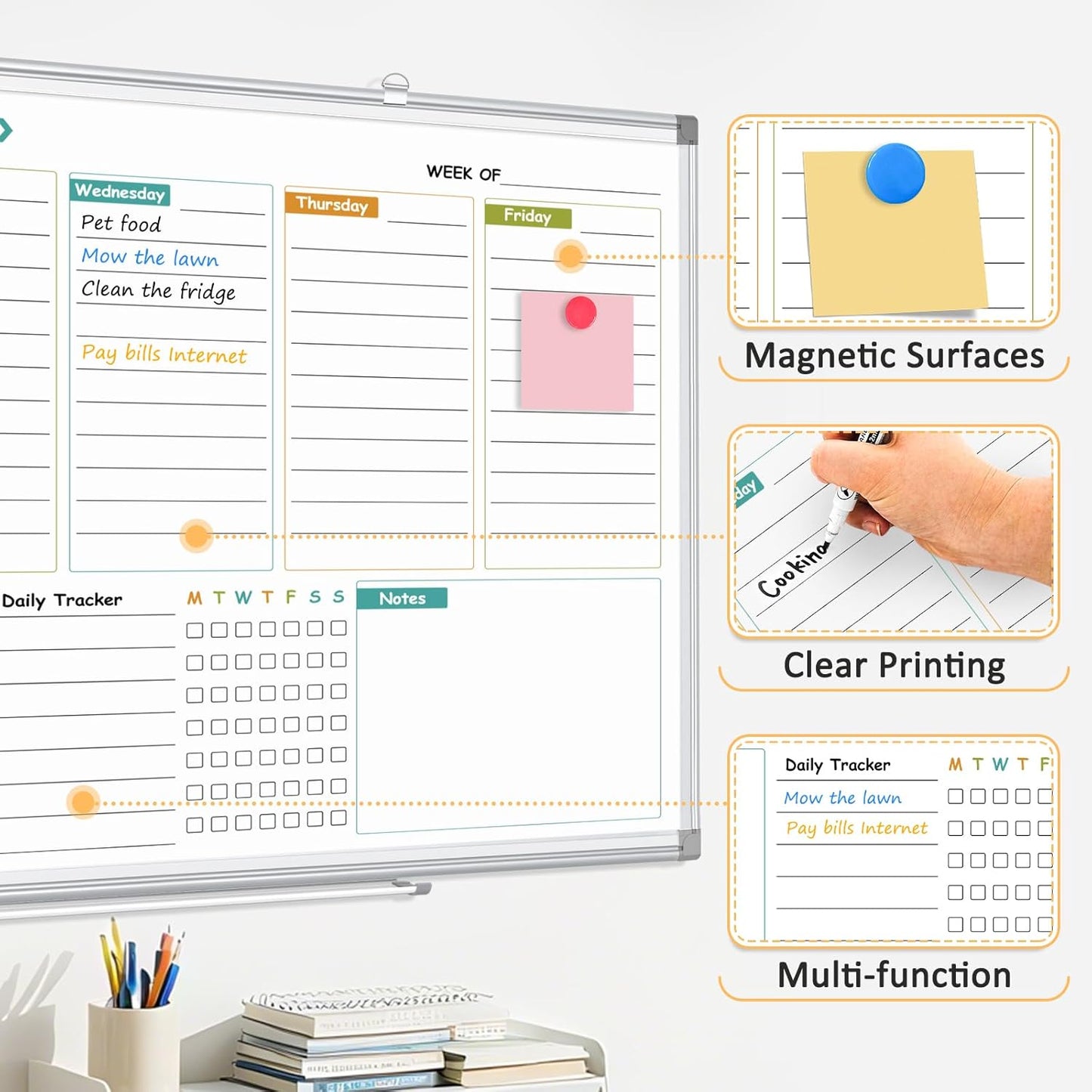 Weekly Calendar Dry Erase Whiteboard for Wall, 24"x18" Magnetic Weekly Planner White Board, Double Sided Hanging Daily Planning Board for Home, Office, School, Kitchen