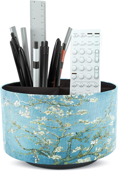Round Leather Art Supply Organizer,Remote Control Holder,360 Degree Rotating,Multi-Functional Pencil Holder,4 Compartments Desktop Stationary Organizer(1-Fractal Flower) | Round - Colors A