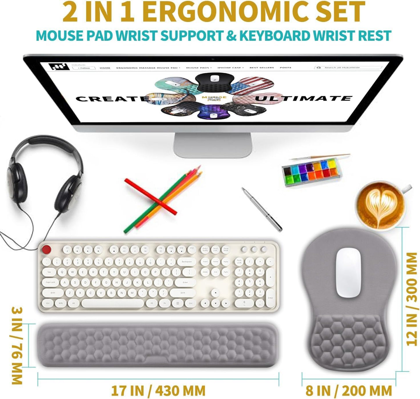 Hokafenle 2 in 1 Ergonomic Mouse Pad Wrist Support & Wrist Rest for Computer Keyboard Set, with Relieve Carpal Tunnel Pain Massage Bulge and Full Memory Gel Design (2In1 Set, Black)
