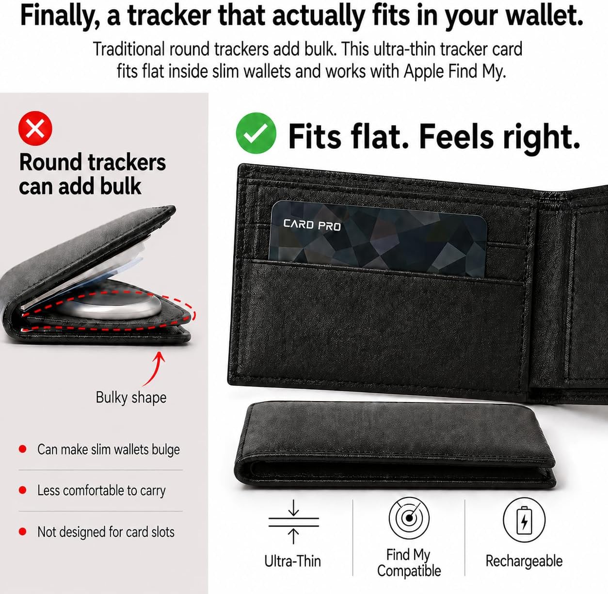 2026 MFi Certified Wallet Tracker Card Compatible with Apple Find My (iOS Only), Rechargeable Slim Card Finder for Wallets, Luggage, Passports, Thinnest Item Tracker for Purse, Backpack, Gifts