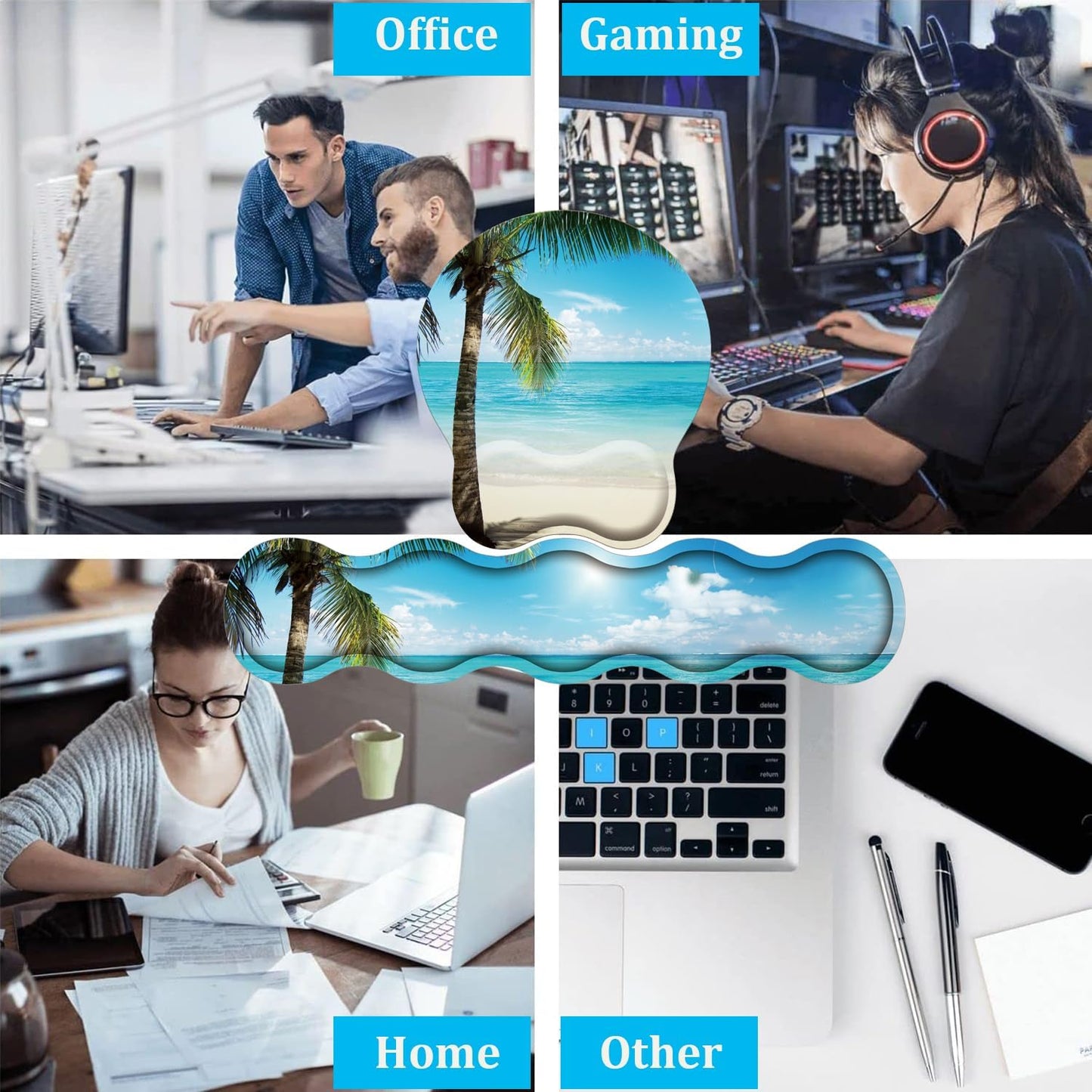 Mouse Wrist Rest and Keyboard Wrist Rest Pad Set, Non-Slip Rubber Base Smooth Surface Ergonomic Gaming Mouse Pad for Easy Typing and Pain Relief, Antique Blue Wood Grain Dog Paw + Coaster