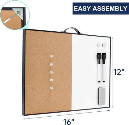 TSJ OFFICE Small Whiteboard Cork-Board - 16" X 12" Portable Aluminum Black Framed Magnetic Dry Erase Board, Small Bulletin Cork Board with Holder for Office, Home and School
