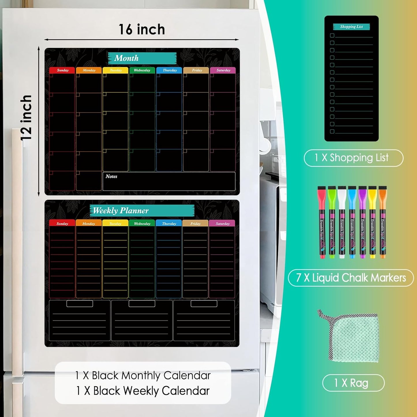 MaxGear Weekly Dry Erase Board for Fridge, 16"x12" Magnetic Calendar Whiteboard Planner for Refrigerator with Stain Resistant Technology, Include 7 Fine Point Markers and 1 Eraser