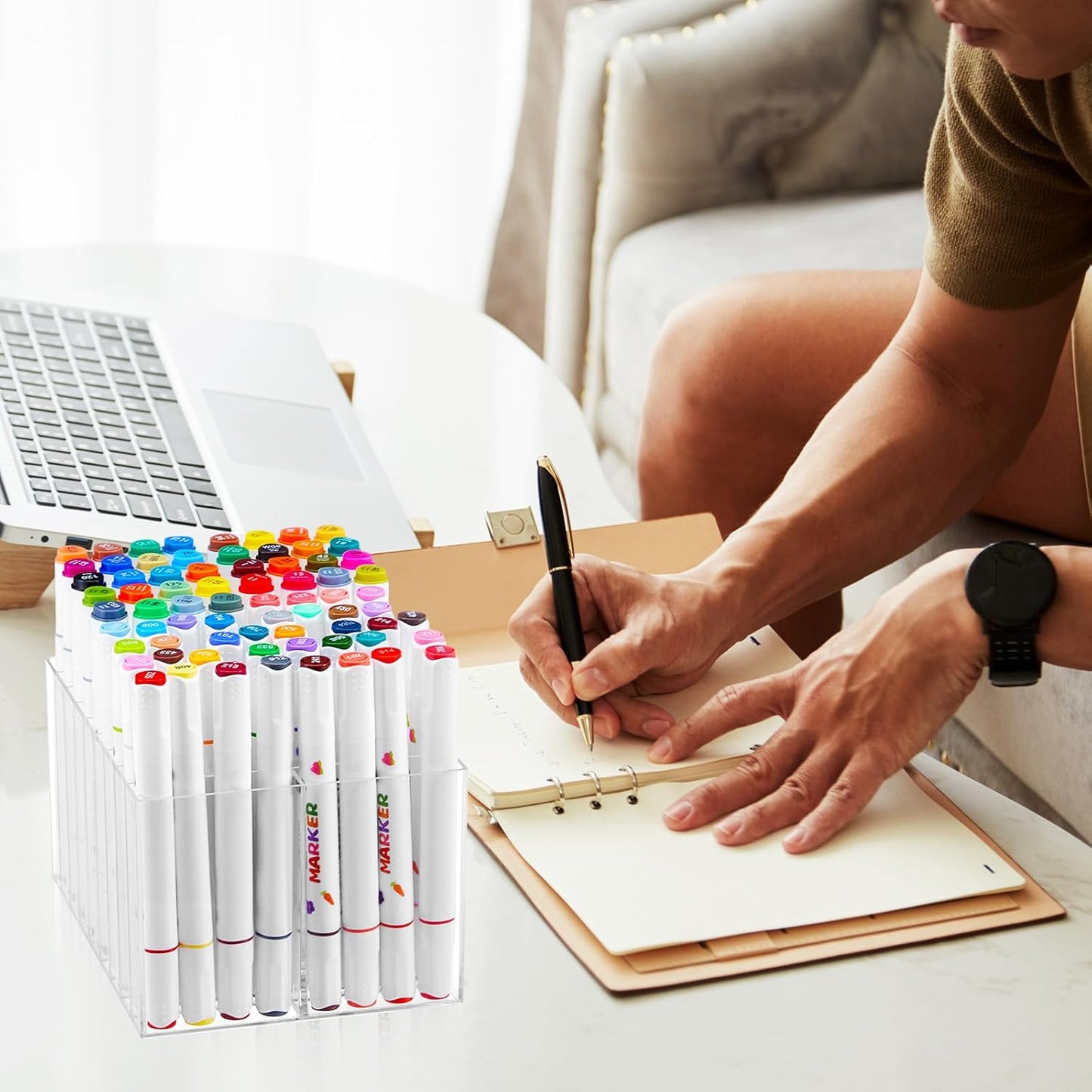 MotiMind 2 Pcs Acrylic Marker Organizer Desktop Storage Hold 144 Marker, Clear Pencil Holder Stand Art Brushes Stationary Display with 18 Compartments for School Classroom Desk Home Office Supplies