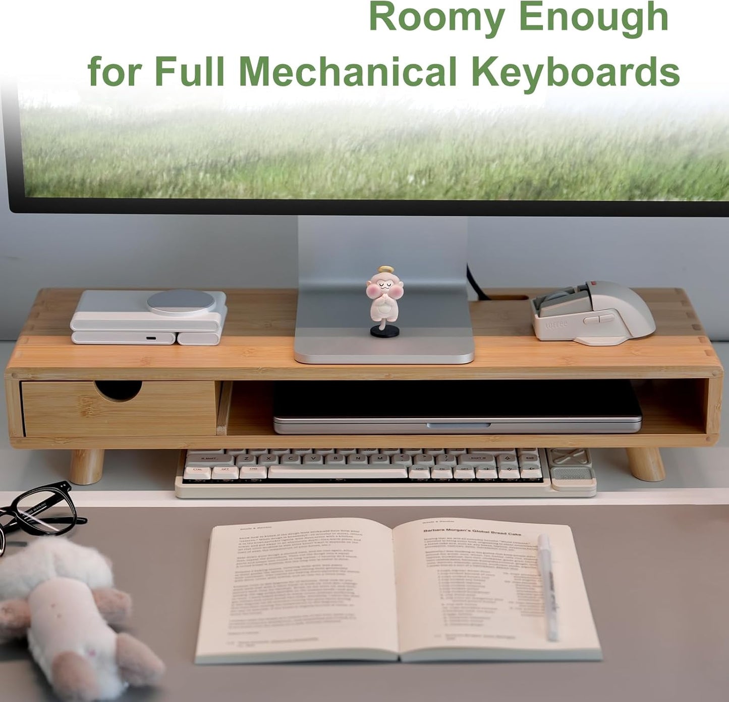 Bamboo Monitor Stand Riser with Drawer, Ergonomic Computer Riser for Desk with Cable Management & Storage Organizer, Wood Monitor Stand for Home Office