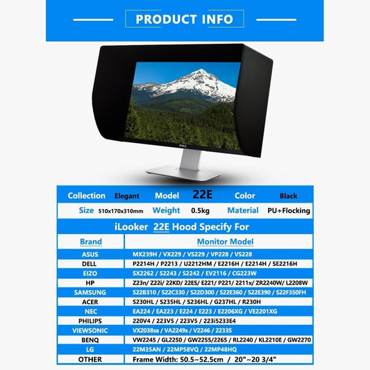 22E 21~22 inch LCD LED Video Monitor Hood Sunshade Sunhood for Dell HP Viewsonic Philips Samsung LG EIZO NEC ASUS ACER BENQ AOC Lenovo, Fits Monitor Frame Width 505-525mm